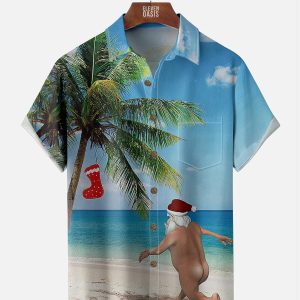 Men's Hawaiian Shirt - Funny Naked Santa Beach Christmas Palm Tree Summer Shirt