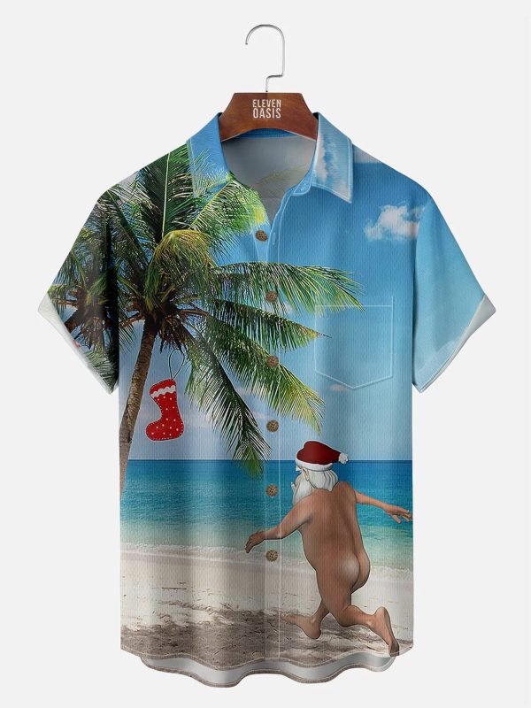 Men's Hawaiian Shirt - Funny Naked Santa Beach Christmas Palm Tree Summer Shirt