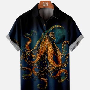 Men's Hawaiian Shirt with Pocket - Cthulhu Octopus Pattern Fantasy Summer Shirt