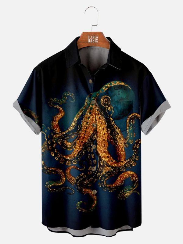 Men's Hawaiian Shirt with Pocket - Cthulhu Octopus Pattern Fantasy Summer Shirt