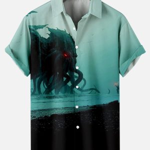 Men's Hawaiian Shirt - Cthulhu Octopus Horror Print Polyester Dark Fantasy Summer Shirt