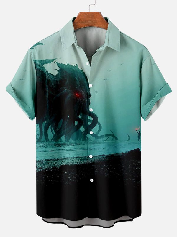 Men's Hawaiian Shirt - Cthulhu Octopus Horror Print Polyester Dark Fantasy Summer Shirt