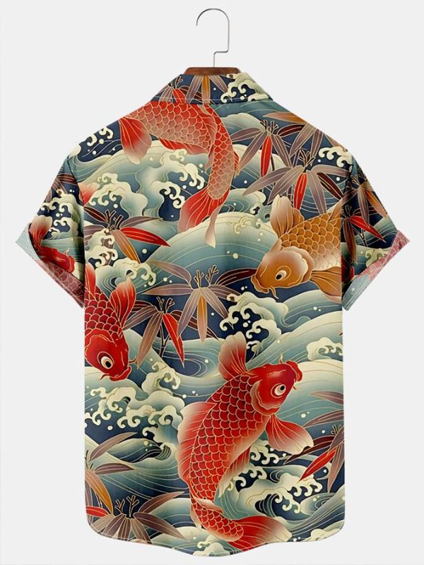 Men's Hawaiian Shirt - Vintage Koi Fish & Ocean Creatures Print Summer Shirt - Image 2