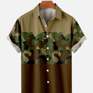 Men's Hawaiian Shirt - Camo and Color Block Print Polyester Casual Summer Shirt