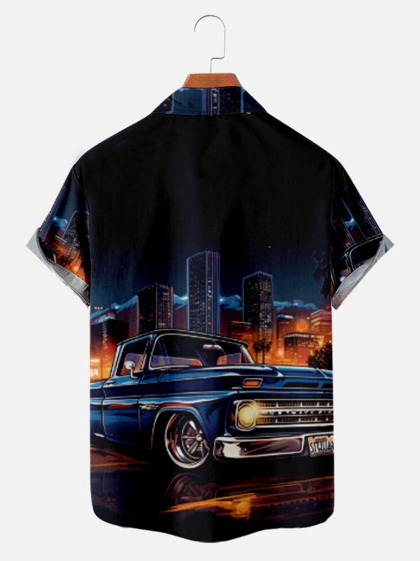 Men's Hawaiian Shirt - Retro Night Drive Classic Car Skyline Print Polyester Summer Shirt - Image 2