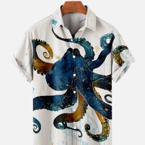 Men's Hawaiian Shirt with Pocket - Cthulhu Octopus Deep Sea Mythical Summer Shirt
