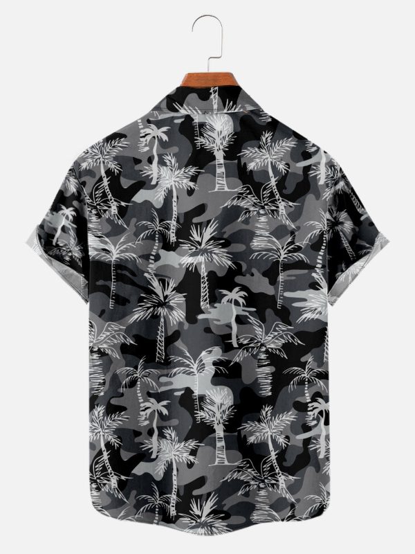 Men's Hawaiian Shirt - Black Grey Camo with Palm Tree Print Polyester Urban Tropical Summer Shirt - Image 2