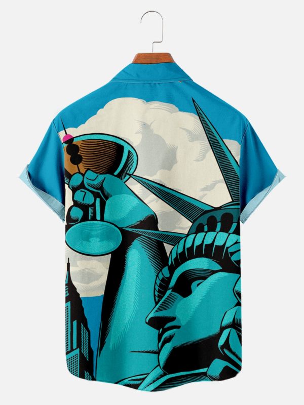 Men's Hawaiian Shirt - Statue of Liberty Drinking Martini Graphic Polyester Casual Summer Shirt - Image 2