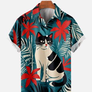 Men's Hawaiian Shirt - Happy Tropical Cat Print Polyester Fun Summer Shirt