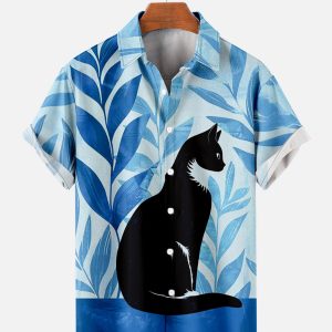 Men's Hawaiian Shirt - Elegant Cat Sitting with Leaves Print Polyester Casual Summer Shirt