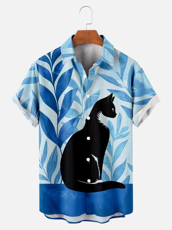 Men's Hawaiian Shirt - Elegant Cat Sitting with Leaves Print Polyester Casual Summer Shirt