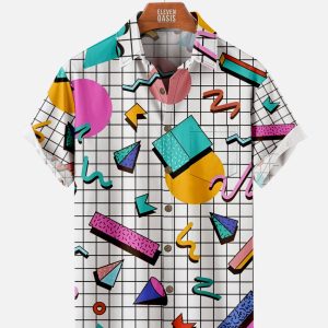 Men's Hawaiian Shirt - Trapper Keeper Inspired Geometric Shapes Grid Print Polyester Summer Shirt