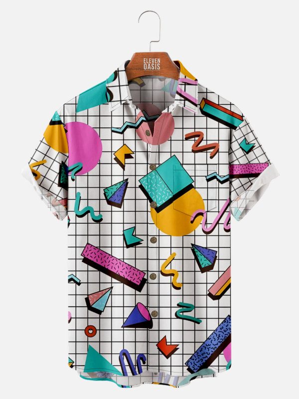 Men's Hawaiian Shirt - Trapper Keeper Inspired Geometric Shapes Grid Print Polyester Summer Shirt