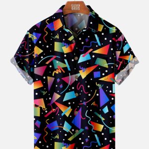 Men's Hawaiian Shirt - Retro Rainbow Geometric Gradient Print Polyester Colorful Summer Shirt