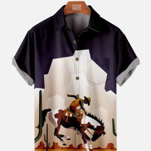 Men's Hawaiian Shirt - Western Cowboy Breaking Horse Desert Scene Polyester Rugged Summer Shirt