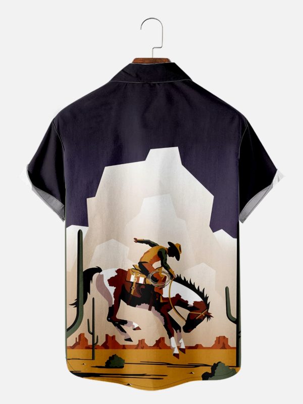 Men's Hawaiian Shirt - Western Cowboy Breaking Horse Desert Scene Polyester Rugged Summer Shirt - Image 2