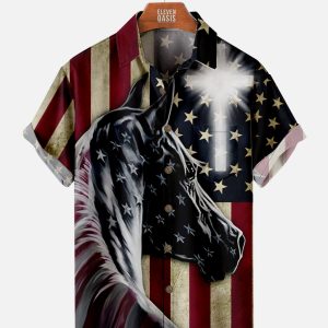 Men's Hawaiian Shirt - USA Flag with Cross and Horse Print Polyester Summer Shirt