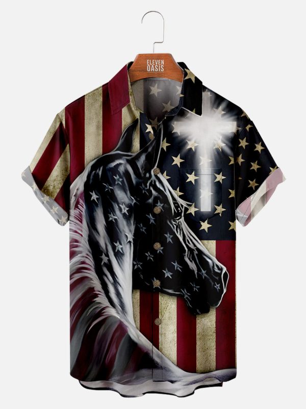 Men's Hawaiian Shirt - USA Flag with Cross and Horse Print Polyester Summer Shirt