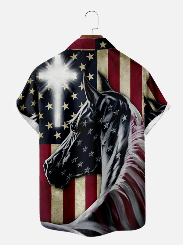 Men's Hawaiian Shirt - USA Flag with Cross and Horse Print Polyester Summer Shirt - Image 2