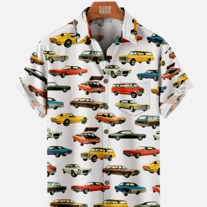 Men's Hawaiian Shirt - Vintage Cars All Over Print Retro Polyester Casual Summer Shirt