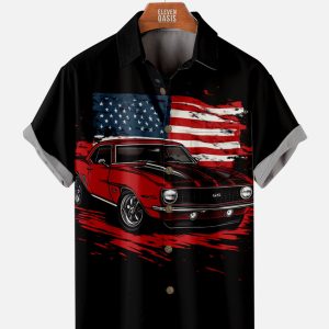 Men's Hawaiian Shirt - American Muscle Cars with Stars and Stripes Print Polyester Summer Shirt