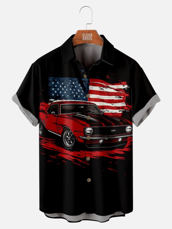 Men's Hawaiian Shirt - American Muscle Cars with Stars and Stripes Print Polyester Summer Shirt