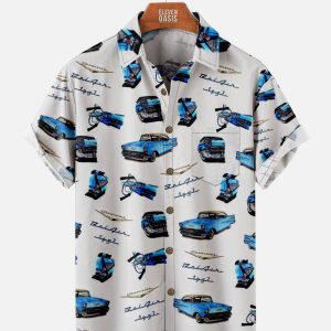 Men's Hawaiian Shirt - 1957 Chevy Bel Air Blue Print Polyester Vintage Car Summer Shirt