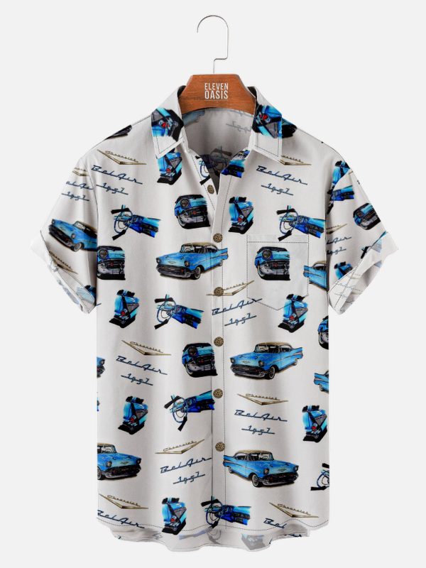 Men's Hawaiian Shirt - 1957 Chevy Bel Air Blue Print Polyester Vintage Car Summer Shirt