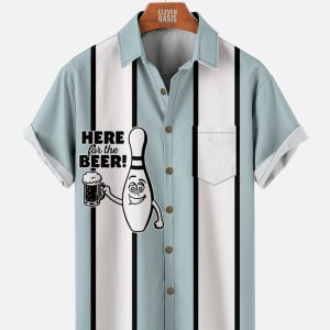 Men's Hawaiian Shirt - Funny Here for the Beer Striped Bowling Design Polyester Summer Shirt