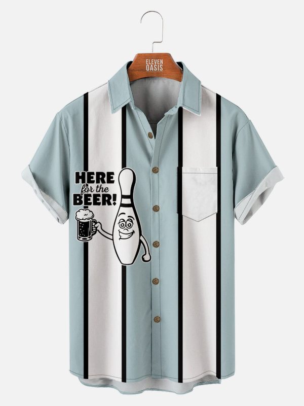 Men's Hawaiian Shirt - Funny Here for the Beer Striped Bowling Design Polyester Summer Shirt