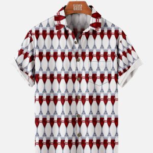 Men's Hawaiian Shirt - Illusion Print Bowling Pins or Wine Glasses Polyester Funny Summer Shirt