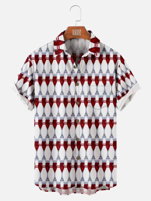 Men's Hawaiian Shirt - Illusion Print Bowling Pins or Wine Glasses Polyester Funny Summer Shirt