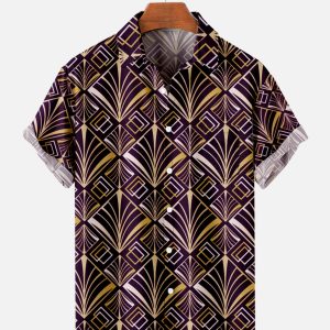 Men's Hawaiian Shirt - Art Deco Golden Gatsby Pattern Polyester Elegant Summer Shirt