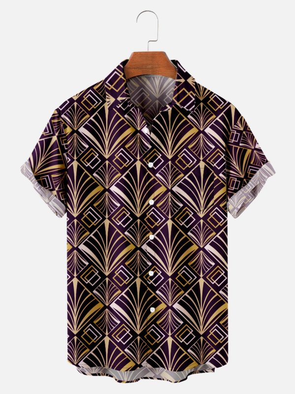 Men's Hawaiian Shirt - Art Deco Golden Gatsby Pattern Polyester Elegant Summer Shirt