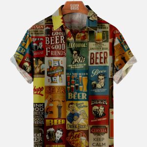 Men's Hawaiian Shirt - Retro Beer Poster Print Polyester Pub-Themed Casual Summer Shirt