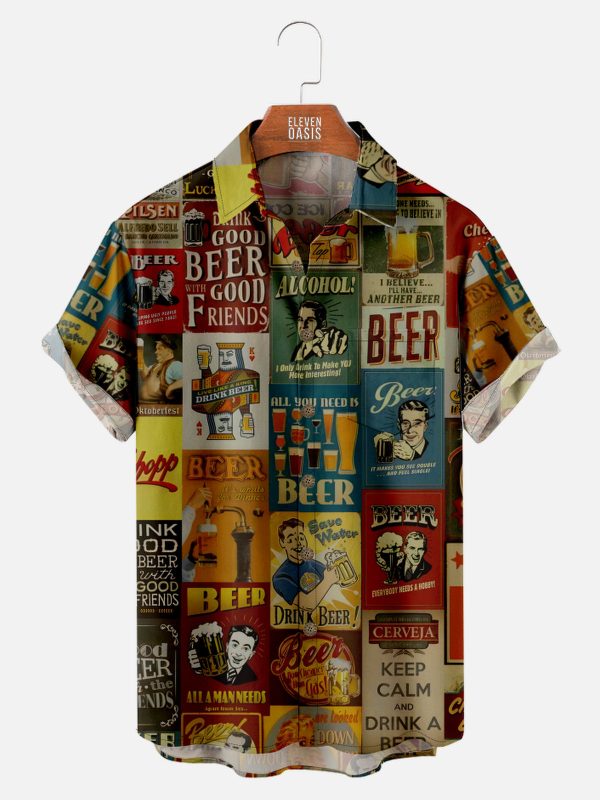 Men's Hawaiian Shirt - Retro Beer Poster Print Polyester Pub-Themed Casual Summer Shirt