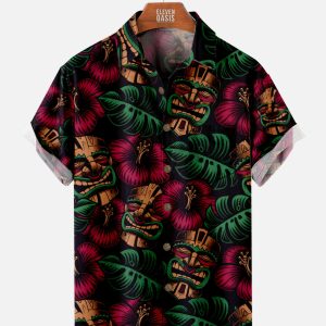 Men's Hawaiian Shirt - Tiki Floral and Palm Leaves Print Polyester Summer Shirt