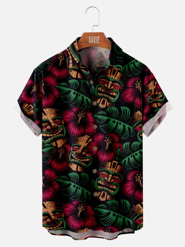 Men's Hawaiian Shirt - Tiki Floral and Palm Leaves Print Polyester Summer Shirt