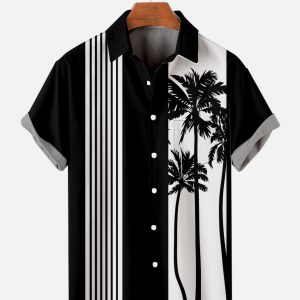 Men's Hawaiian Shirt - Palm Trees Striped Bowling Design Polyester Casual Summer Shirt