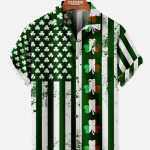Men's Hawaiian Shirt - St. Patrick's Day Shamrock and Stripes Print Polyester Casual Shirt