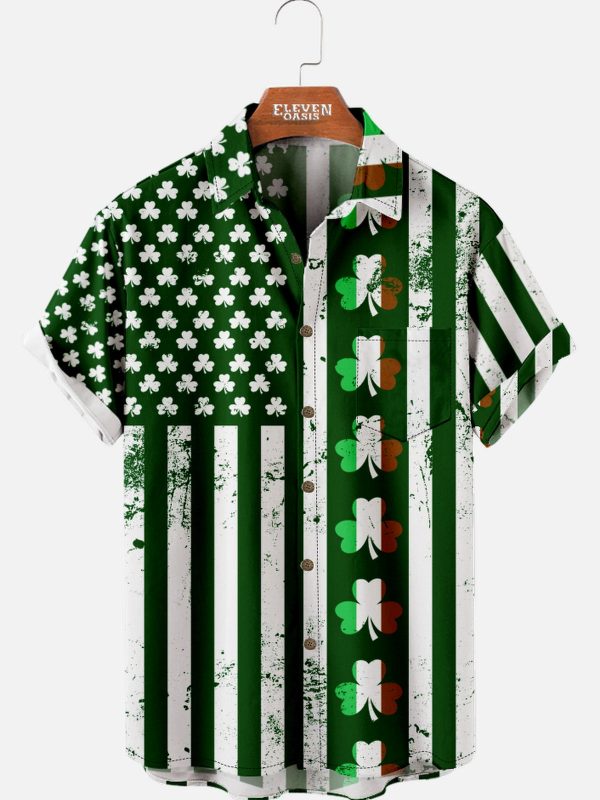 Men's Hawaiian Shirt - St. Patrick's Day Shamrock and Stripes Print Polyester Casual Shirt