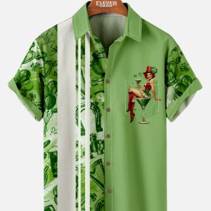 Men's Hawaiian Shirt - St. Patrick's Day Cocktail Pin-Up Print Polyester Summer Bowling Shirt
