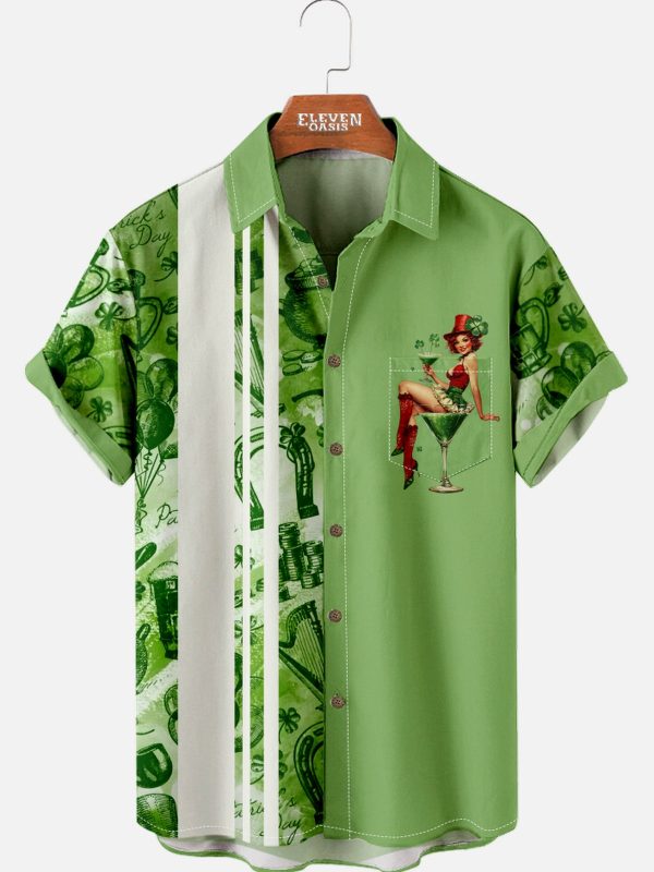 Men's Hawaiian Shirt - St. Patrick's Day Cocktail Pin-Up Print Polyester Summer Bowling Shirt