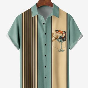 Men's Hawaiian Shirt - Toucan Cocktail Glass Print Summer Casual Striped Shirt
