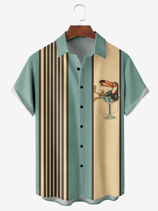 Men's Hawaiian Shirt - Toucan Cocktail Glass Print Summer Casual Striped Shirt