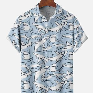 Men's Hawaiian Shirt - All Over Shark Print Ocean Theme Polyester Casual Summer Shirt
