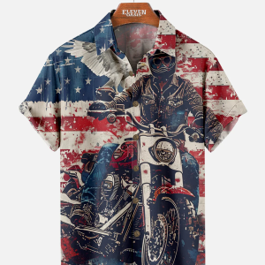 Men's Hawaiian Shirt - American Flag Motorcycle Print Polyester Summer Shirt