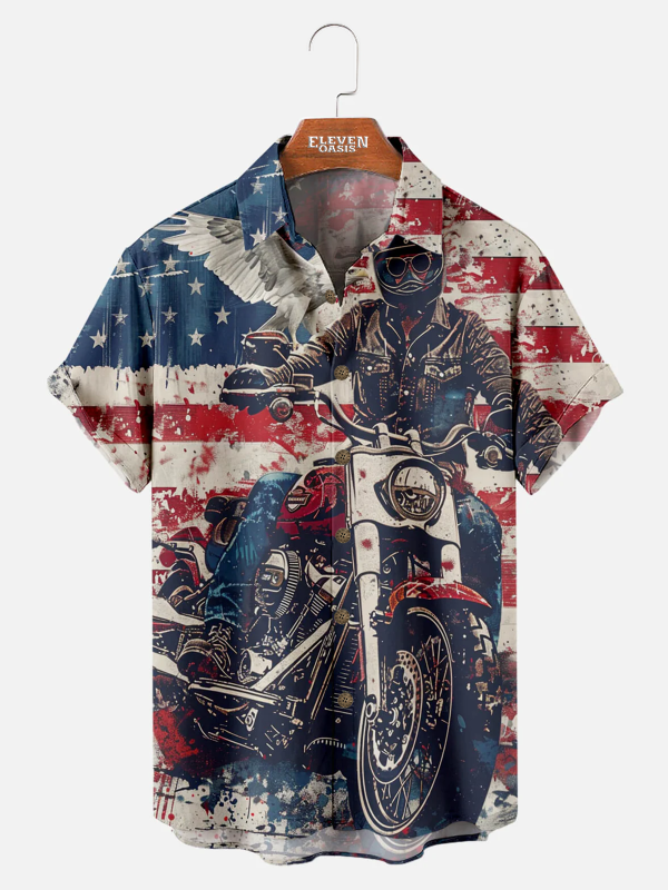 Men's Hawaiian Shirt - American Flag Motorcycle Print Polyester Summer Shirt