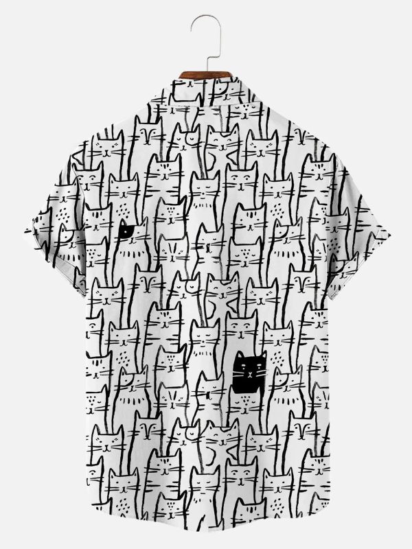 Men's Hawaiian Shirt - Black and White Cat Pattern Polyester Casual Summer Shirt - Image 2