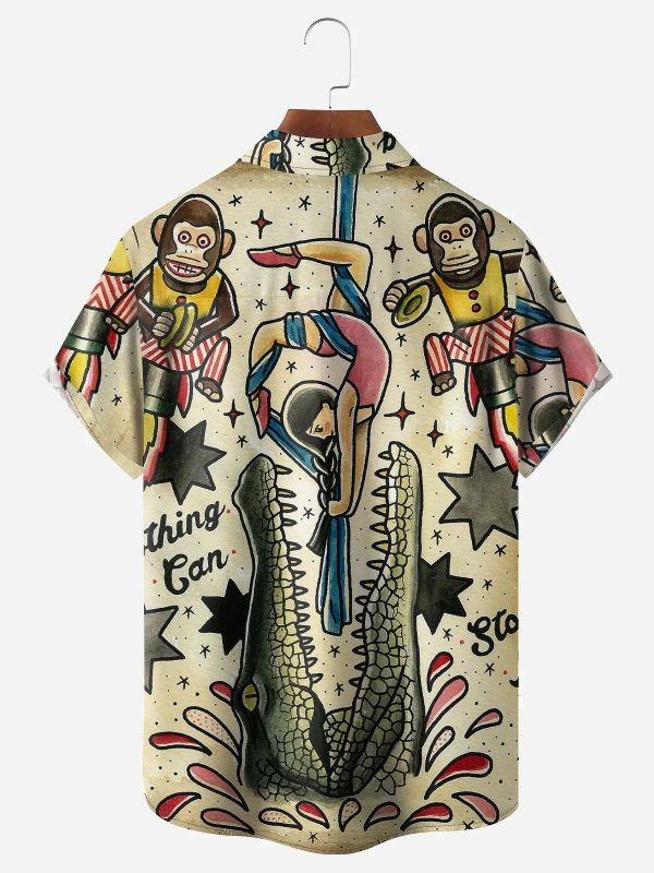 Men's Hawaiian Shirt - Vintage Circus Monkey & Crocodile Print Casual Summer Shirt - Image 2